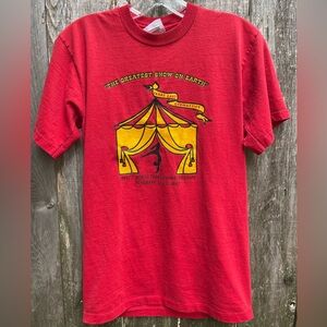 Vintage 90s Red Gynastics Graphic T-Shirt with Circus Tent Design